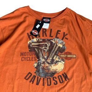 Harley Davidson orange long sleeve shirt with motorcycle engine graphic size 2XL